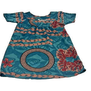 Polynesian Teal Brown Floral Print Short Sleeve Child's Dress Medium Cultural